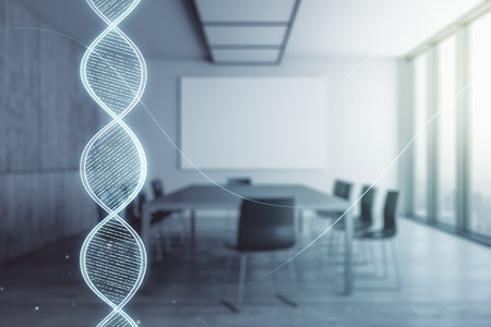 Double exposure of creative DNA hologram on a modern meeting room background. Bio Engineering and DNA Research conceptの写真素材