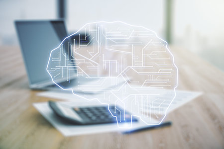 Double exposure of creative artificial Intelligence interface on blurry calculator with laptop...