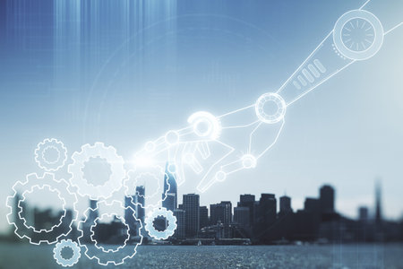 Abstract virtual robotics technology hologram on San Francisco skyline background. Robot development...