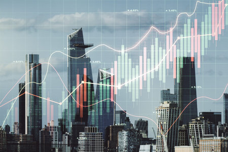 Multi exposure of virtual creative financial chart hologram on New York skyscrapers background, research and analytics conceptの写真素材