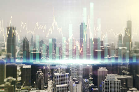 Multi exposure of virtual creative financial chart hologram on Chicago skyscrapers background, research and analytics conceptの写真素材