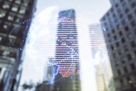 Abstract virtual world map with connections on office buildings background, international trading concept. Multiexposureの写真素材