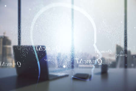 Creative artificial Intelligence concept with human head hologram and modern desktop with computer on background. Multiexposureの写真素材