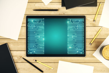 Creative abstract micro circuit sketch on modern digital tablet screen, future technology and AI...
