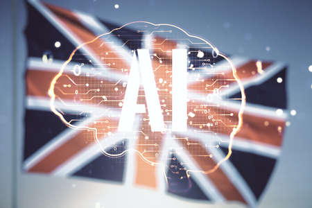 Double exposure of creative artificial Intelligence interface on British flag and blue sky background. Neural networks and machine learning conceptの写真素材