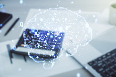 Double exposure of creative artificial Intelligence interface on blurry calculator with laptop...