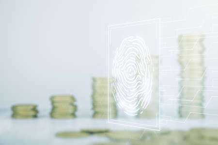 Double exposure of virtual creative fingerprint hologram on growing stacks of coins background, research and development conceptの写真素材