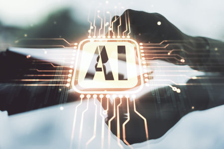 Creative artificial Intelligence symbol concept with finger clicks on a digital tablet on...