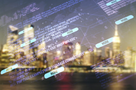 Double exposure of abstract creative programming illustration and world map on blurry office...