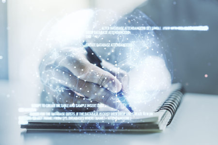 Multi exposure of abstract programming language hologram with world map and man hand writing in...