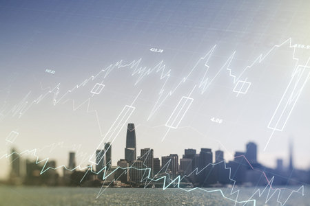Multi exposure of virtual abstract financial graph interface on San Francisco cityscape background,...