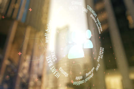 Double exposure of abstract virtual people icons hologram on modern skyscrapers background. Online insurance service conceptの写真素材