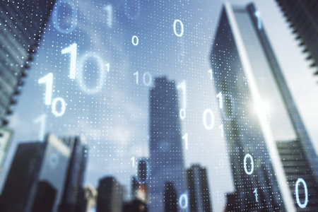 Abstract virtual binary code hologram on modern architecture background, AI and machine learning...