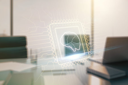 Double exposure of creative human brain microcircuit and modern desk with computer on background....