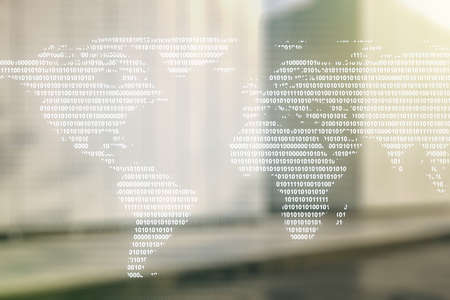 Double exposure of abstract digital world map on modern business center exterior background, research and strategy conceptの写真素材