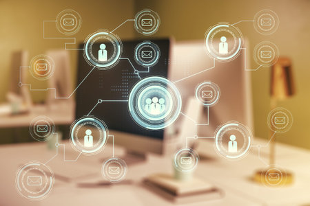 Social network media concept with modern computer on background. Double exposure