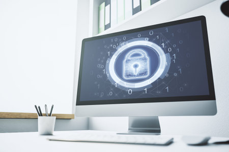 Creative lock sketch with chip hologram on modern computer monitor, protection of personal data...