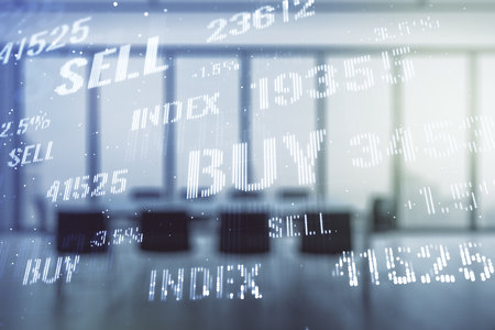 Multi exposure of virtual abstract financial diagram on a modern furnished office interior background, banking and accounting conceptの写真素材