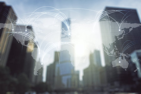 Double exposure of abstract digital world map hologram with connections on modern skyscrapers...