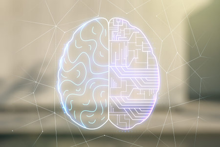 Double exposure of creative artificial Intelligence interface on modern business center exterior...