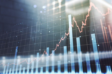 Multi exposure of virtual abstract financial diagram on contemporary business center exterior...