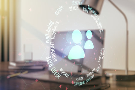 Double exposure of people icons hologram on laptop background. Online insurance service conceptの写真素材