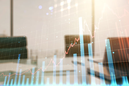 Double exposure of abstract creative financial diagram and modern desk with computer on background,...