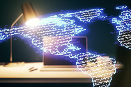 Double exposure of digital America map on laptop background, research and strategy concept