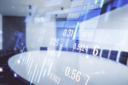 Multi exposure of virtual creative financial chart hologram on a modern meeting room background,...