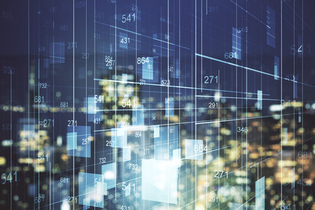 Multi exposure of abstract virtual graphic data spreadsheet sketch on blurry skyscrapers background, analytics and analysis conceptの写真素材