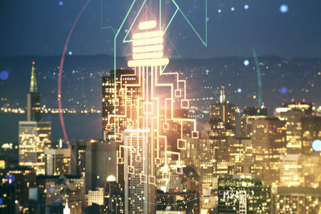 Virtual creative idea concept with light bulb and microcircuit illustration on San Francisco skyline...