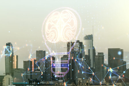 Double exposure of abstract virtual creative light bulb hologram with human brain on Los Angeles...