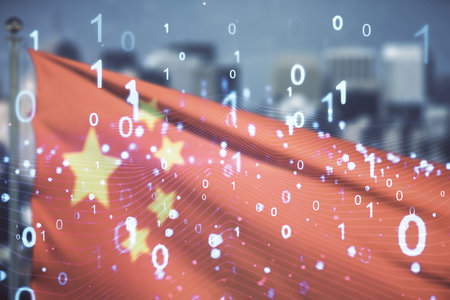 Abstract virtual binary code illustration on flag of China and blurry skyscrapers background. Big data and coding concept. Multiexposureの写真素材