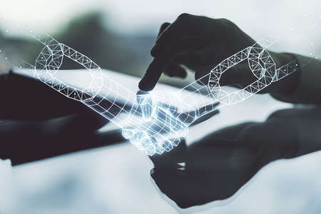 Creative abstract block chain technology hologram with handshake and finger presses on a digital tablet on background, cryptography and decentralization concept. Multi exposureの写真素材