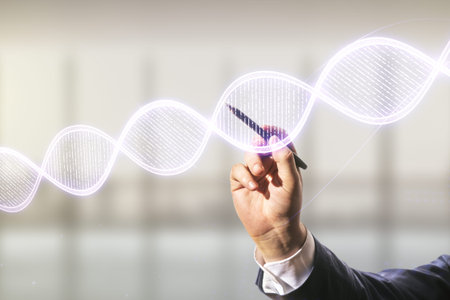 Man hand with pen working with DNA hologram on blurred interior background, science and biology concept. Multiexposureの写真素材