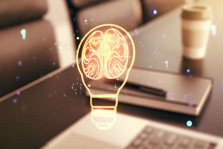 Creative light bulb illustration with human brain on modern computer background, future technology concept. Multiexposureの写真素材