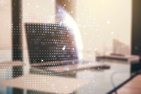 Multi exposure of abstract graphic world map on computer background, connection and communication conceptの写真素材