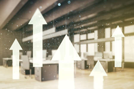 Double exposure of abstract virtual upward arrows hologram on modern corporate office background. Ambition and challenge conceptの写真素材