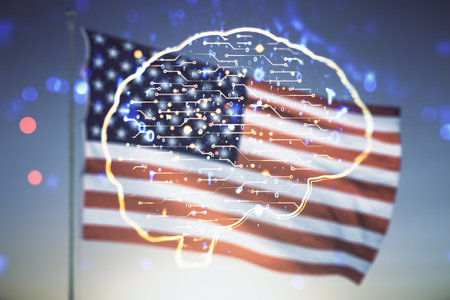 Virtual creative artificial Intelligence hologram with human brain sketch on US flag and blue sky...