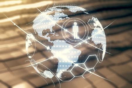 Virtual social network media hologram and world map on abstract metal background. Double exposureの写真素材