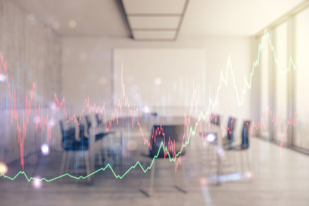 Multi exposure of virtual abstract financial graph interface on a modern coworking room background, financial and trading conceptの写真素材
