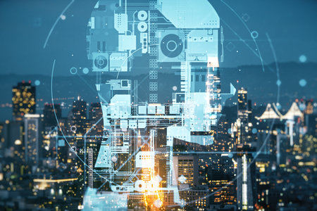 Double exposure of creative artificial Intelligence hologram on San Francisco city skyscrapers background. Neural networks and machine learning conceptの写真素材