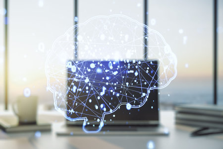 Double exposure of creative artificial Intelligence symbol with modern laptop on background. Neural...