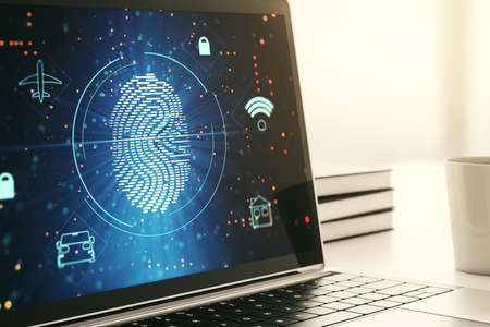 Computer monitor with abstract fingerprint scan interface, digital access concept. 3D Renderingの写真素材