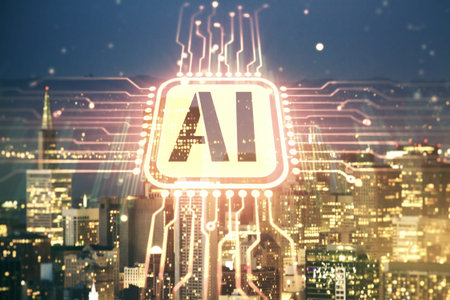 Abstract virtual artificial Intelligence symbol hologram on San Francisco skyline background....