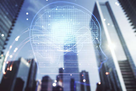 Double exposure of creative artificial Intelligence hologram on modern skyscrapers background. Neural networks and machine learning conceptの写真素材