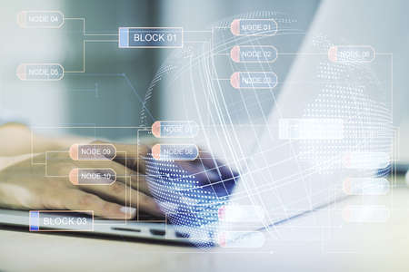 Multi exposure of abstract graphic coding sketch with world map and hands typing on computer keyboard on background, big data and networking conceptの写真素材
