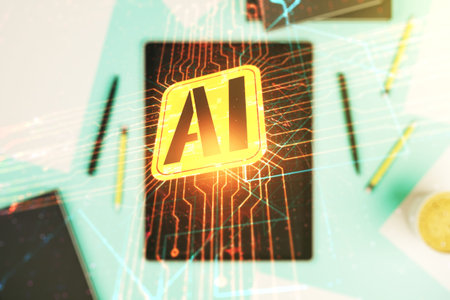 Double exposure of creative artificial Intelligence icon and digital tablet on background, top view....