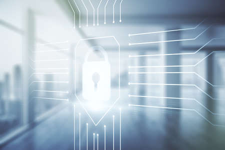 Double exposure of virtual creative lock hologram with chip on empty modern office background. Information security conceptの写真素材