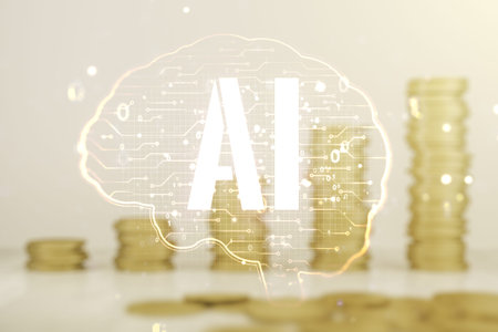 Virtual creative artificial Intelligence hologram with human brain sketch on stacks of coins...